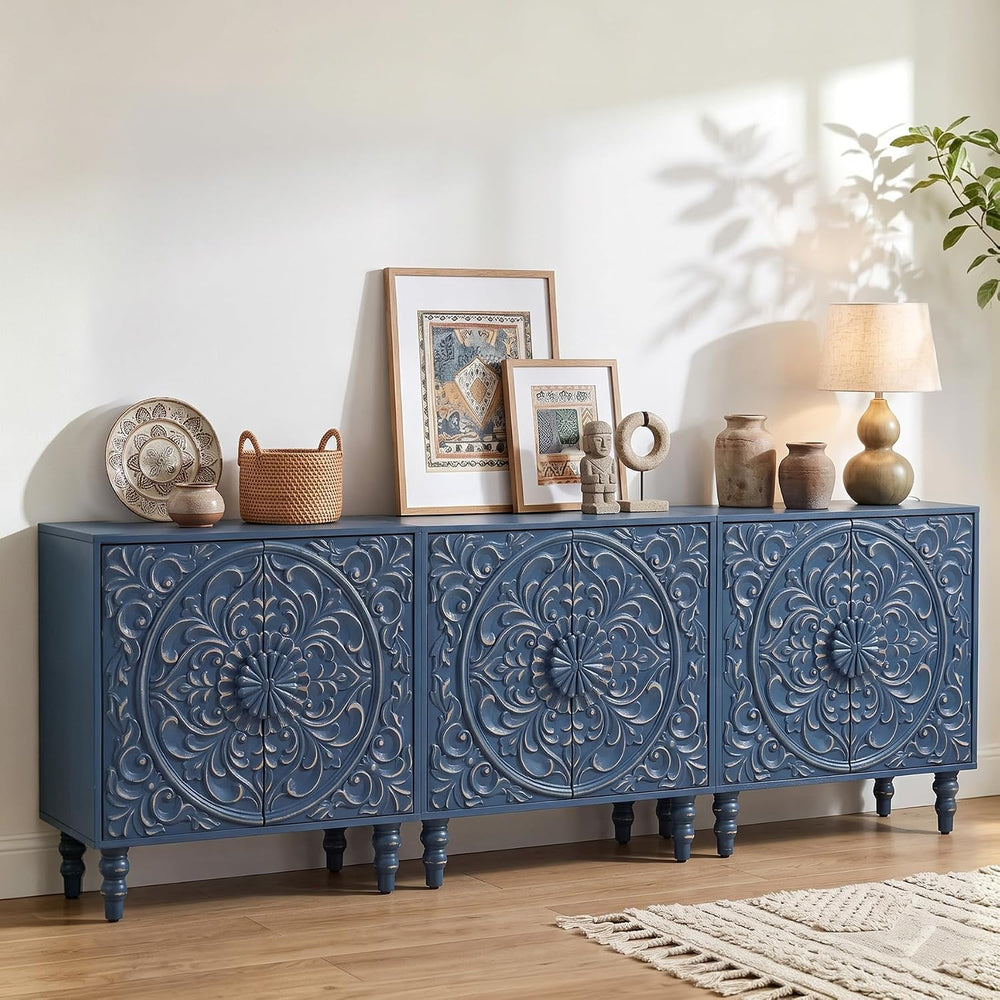 Blue Distressed Carved Accent Cabinet,2 Door Storage Sideboard for Entryway
