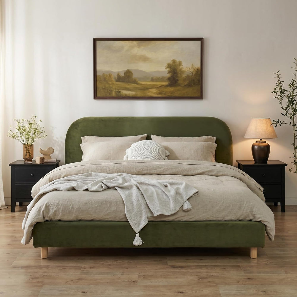 Virubi California King Size Upholstered Bed Frame with Curve Shaped Headboard...