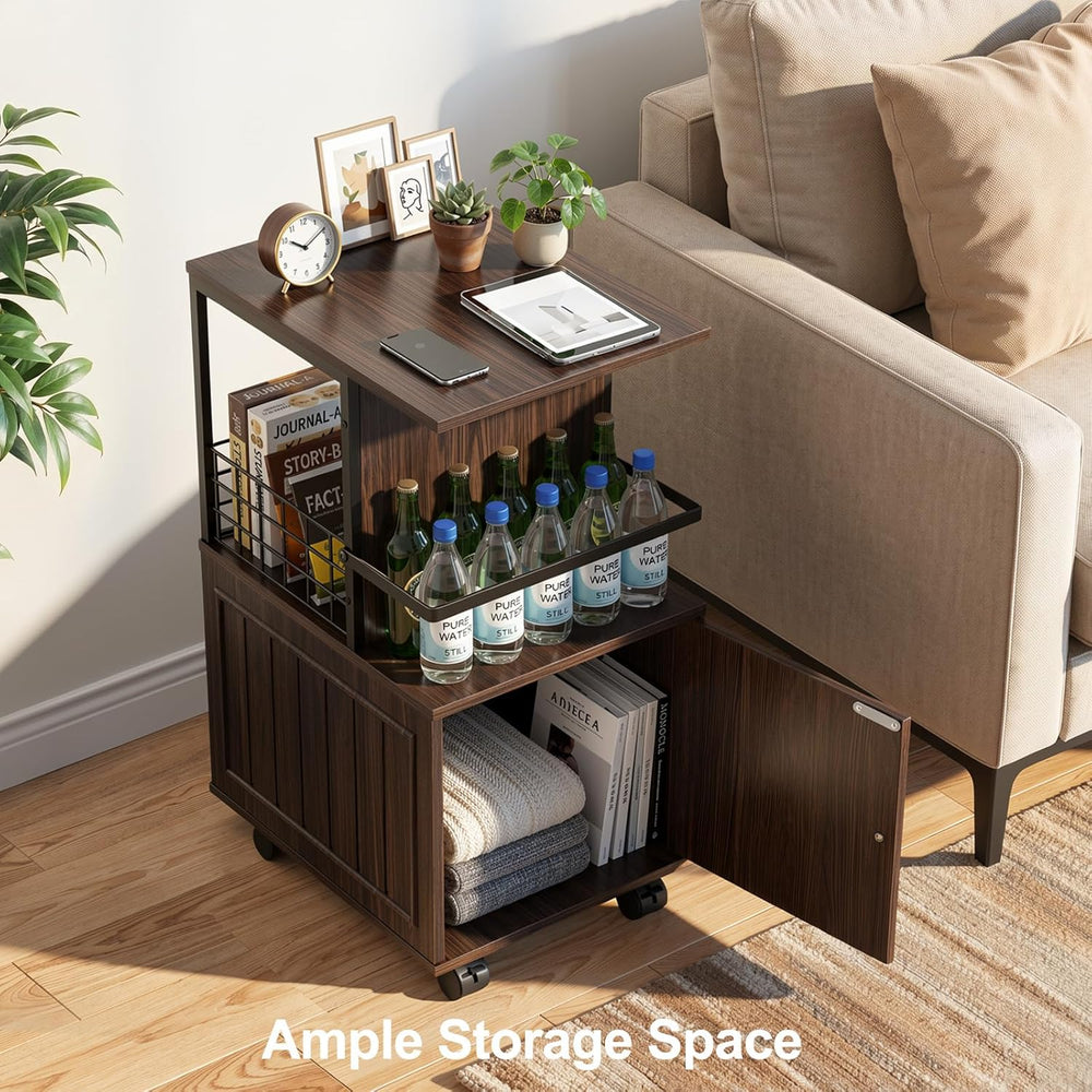 Narrow End Table with Storage Cabinet, Small Side Table with Open Storage Are...
