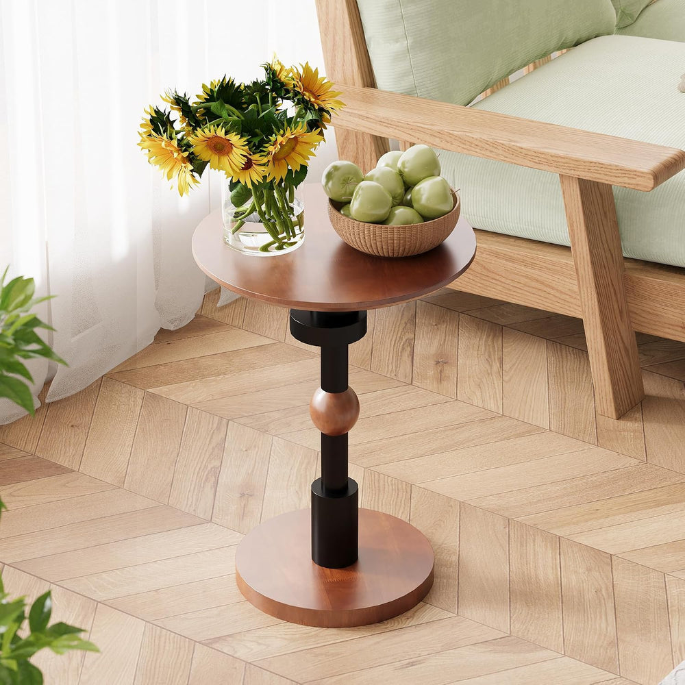 Round End Table, 100% Solid Wood Mid Century Modern Pedestal Side Table, Smal...