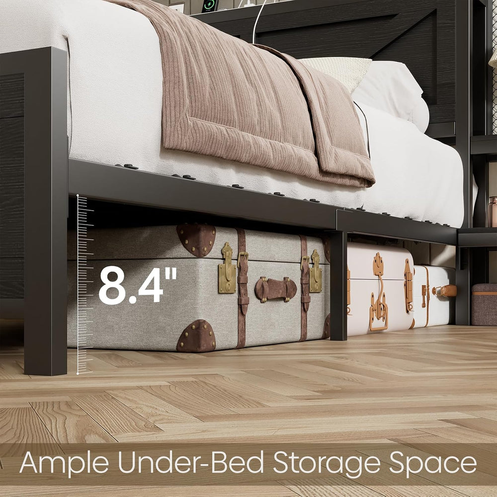 Queen Size Rustic Bed Frame with Storage Born Door Headboard and Bedside Stor...