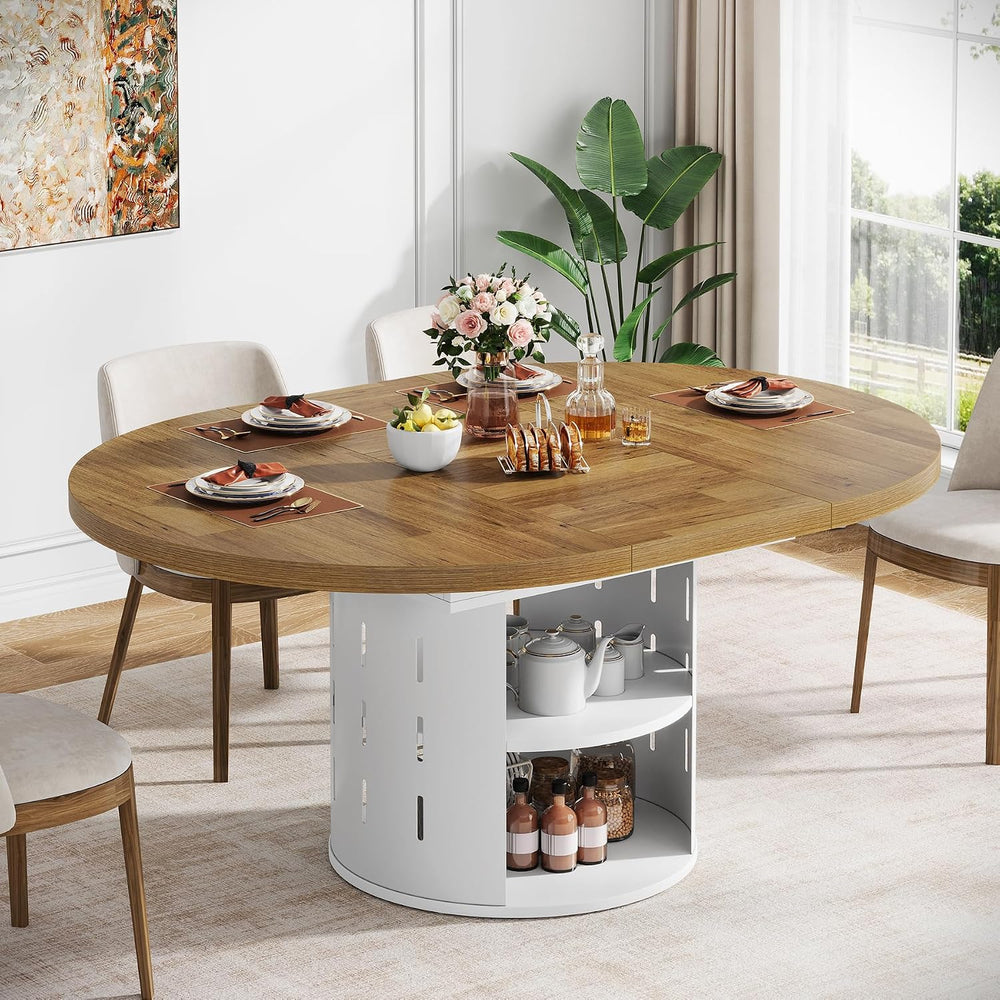 43.3in-59in Extendable Round Dining Table for 4-6, Modern Oval Dining Table w...