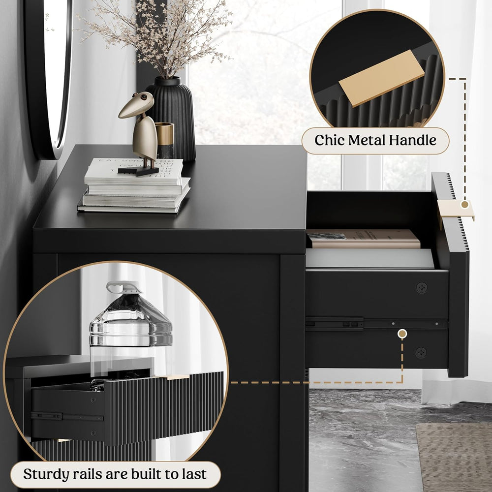 Lulive Black Fluted Storage Cabinet with Drawers Buffet Sideboard Cabinet wit...