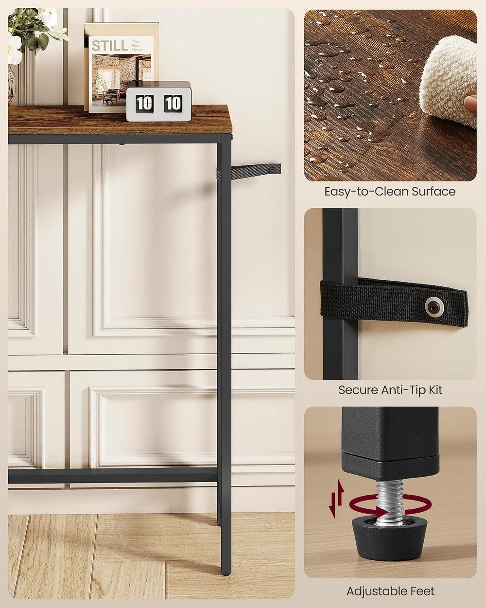 VASAGLE Narrow Console Table with Power Outlet, Behind Couch Sofa Tables, Eas...
