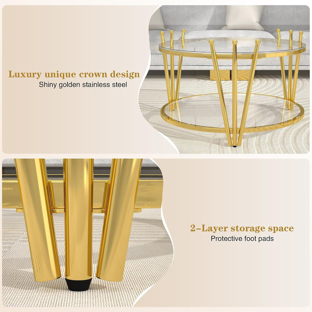 Luxury Glass Coffee Table Set of 3, Modern Gold Round End Table Living Room T...