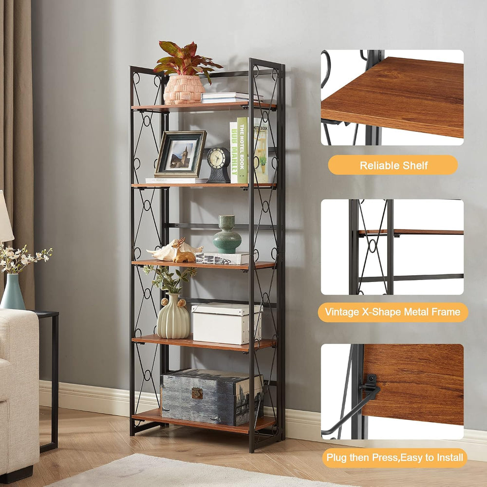 VECELO Folding Bookshelf,5 Tier Bookcase Foldable Easy Assembly, Industrial B...