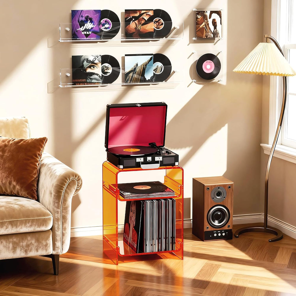 Acrylic Record Player Table with Storage Shelf, Clear Side Table Nightstand (...