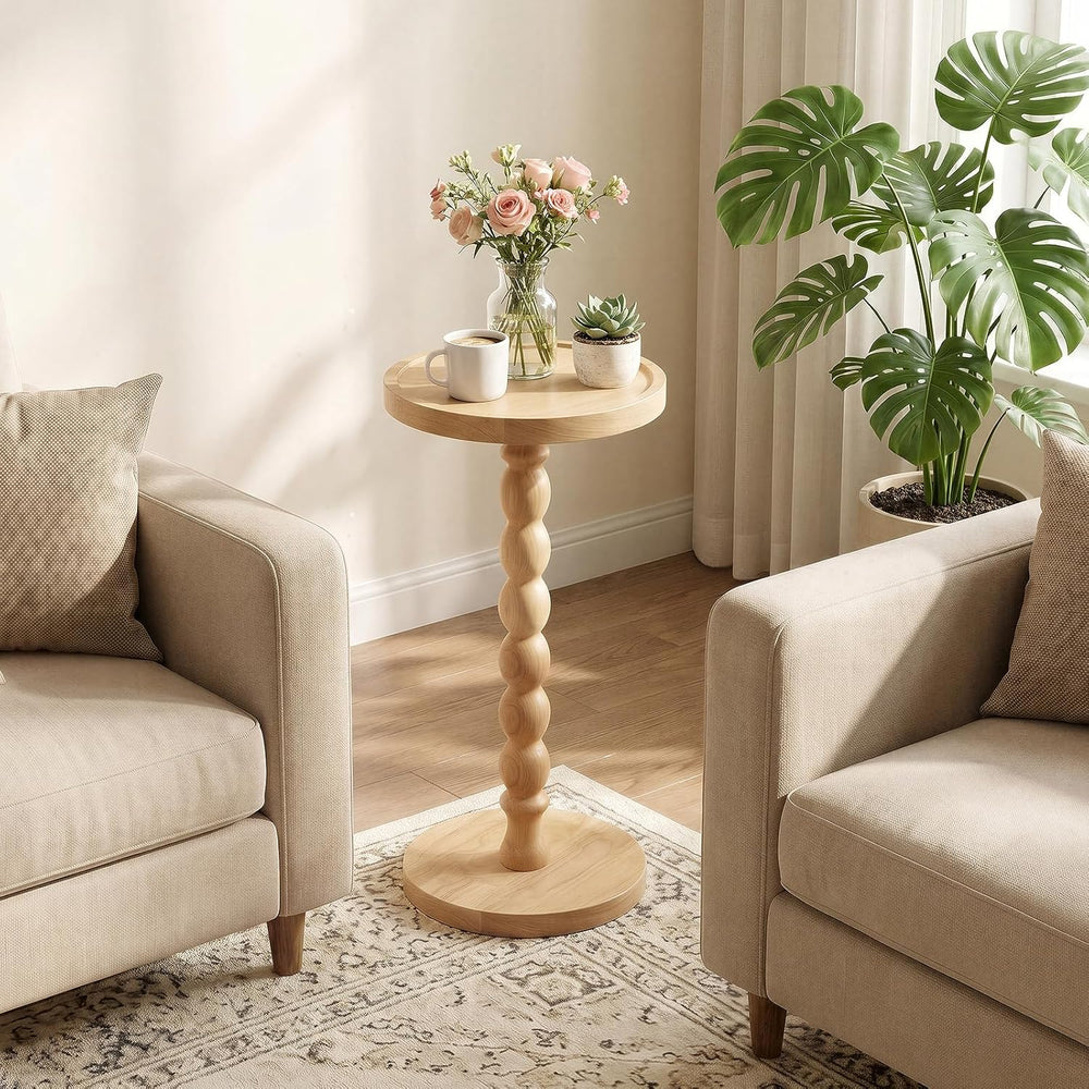 Round Side Table, Small End Table for Small Spaces with Solid Wood Leg, Accen...