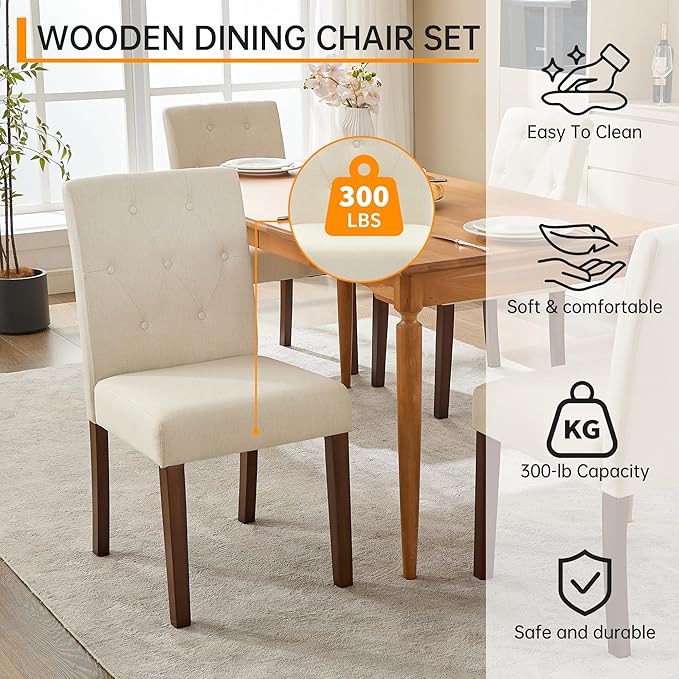Upholstered Dining Chairs Set of 6, Button Tufted Parsons Chairs with Wood Le...