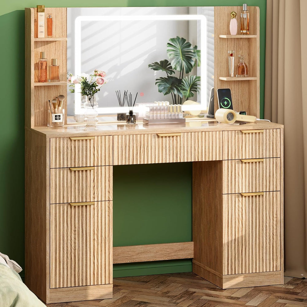 Fluted Vanity Desk with 30.2" Mirror and Lights, Glass Top Makeup Vanity...