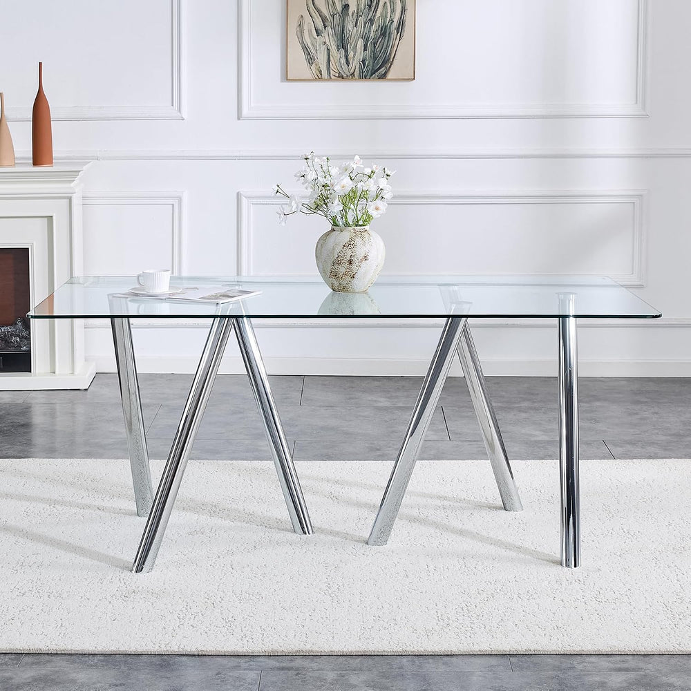 Glass Dining Table for 4 6 8 Pepole,71 Inch Rectangle Kitchen Dining Room Tab...
