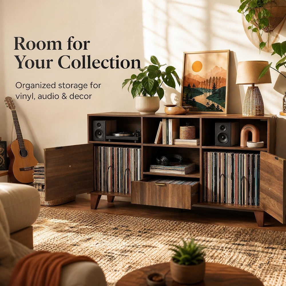 knoworld Large Record Player Stand with Vinyl Storage, Mid Century Modern Tur...