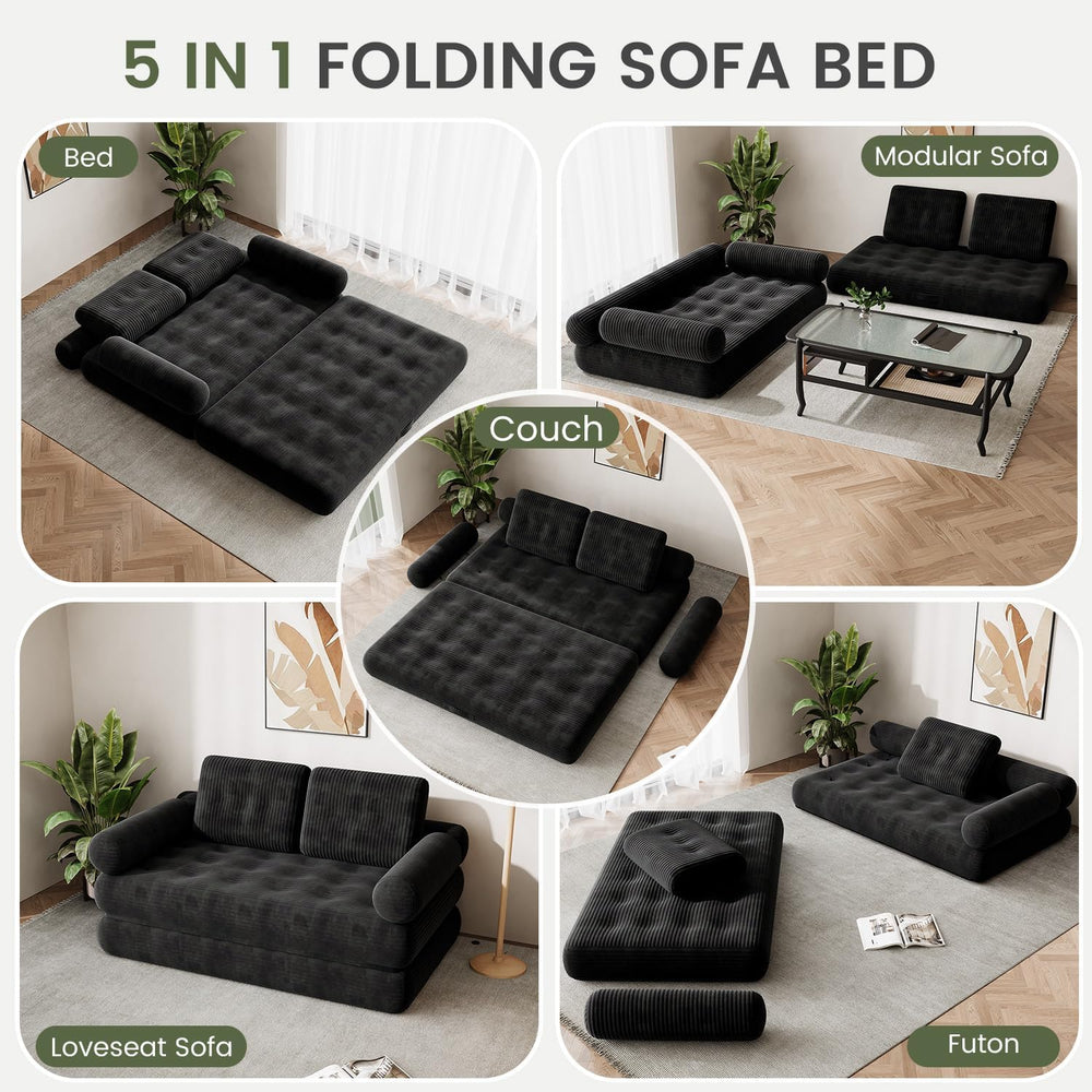 59" Convertible Sofa Bed, 5-in-1 Folding Sleeper Chair - Black, Full
