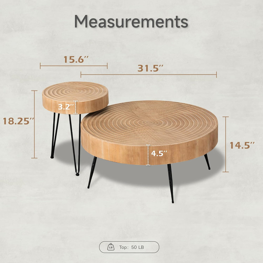 COZAYH 2-Piece Round Nesting Coffee Table Set, Natural Wood Top with Black Me...