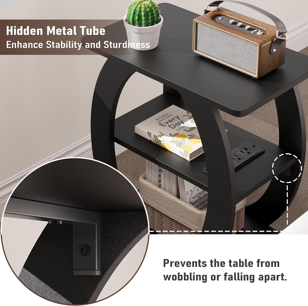 End Table Set of 2 with Charging Station, Black Side Table with USB Ports and...