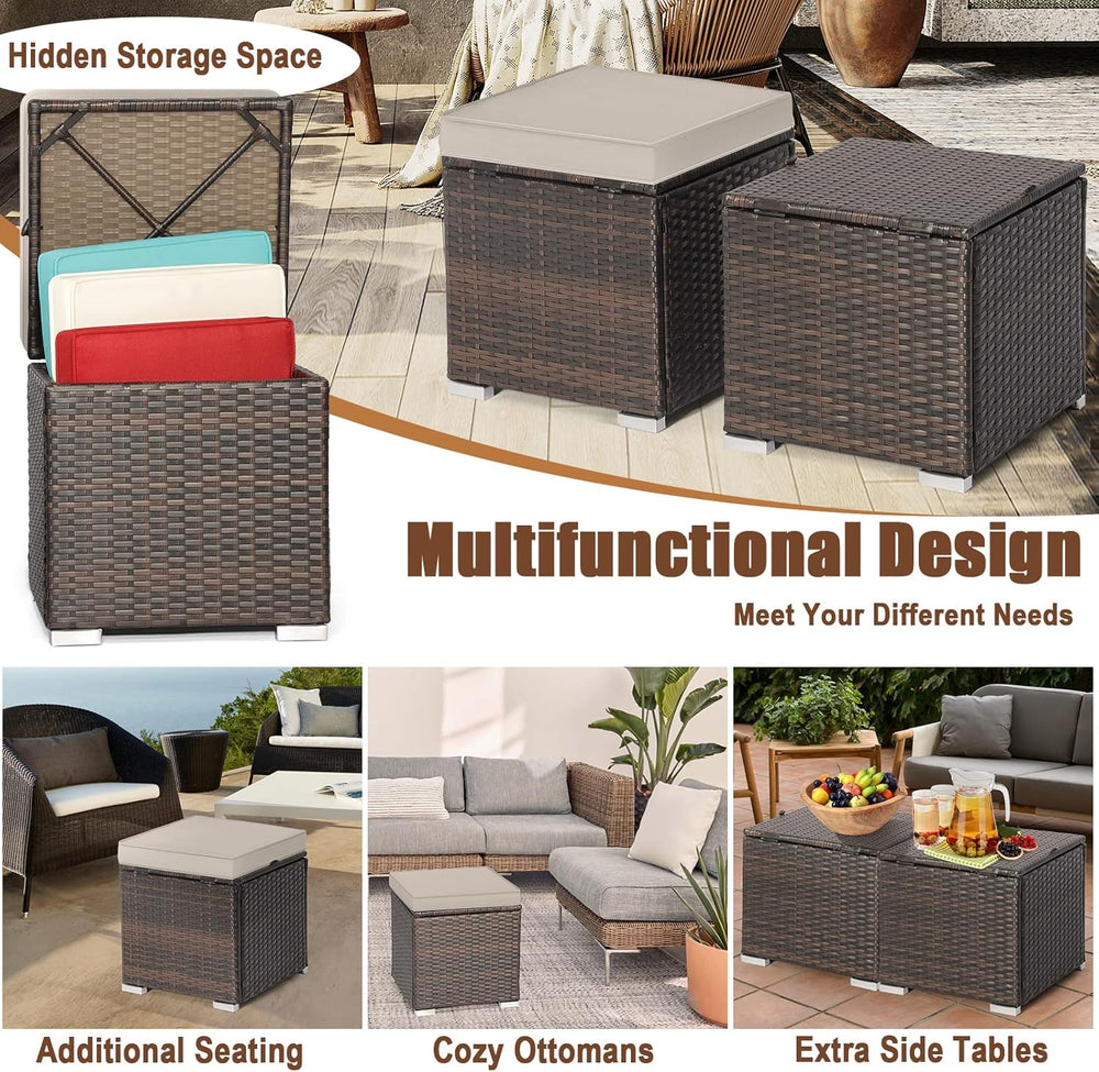 MEDIMALL Patio Wicker Ottoman Set of 2, Multipurpose Outdoor Footstool w/Remo...