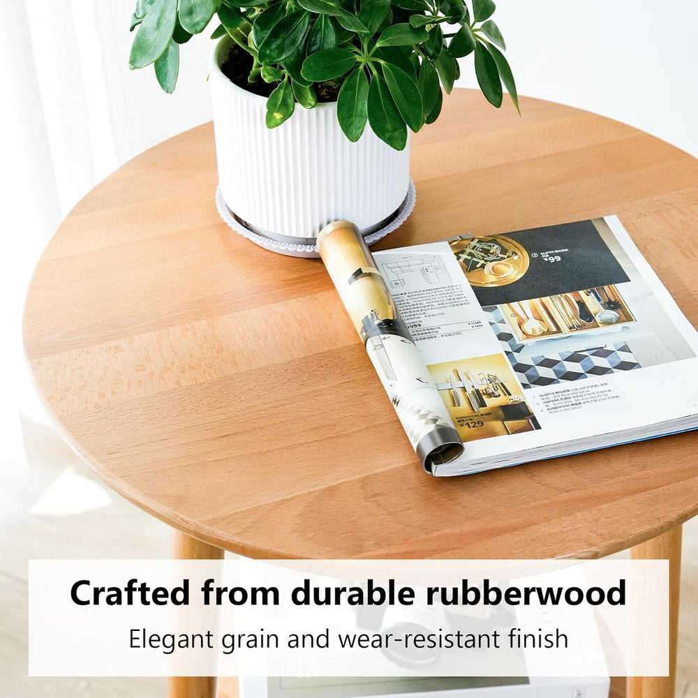 Side Table, Small Round End Table with 2-Tier Shelf, Solid Wood Nightstand fo...