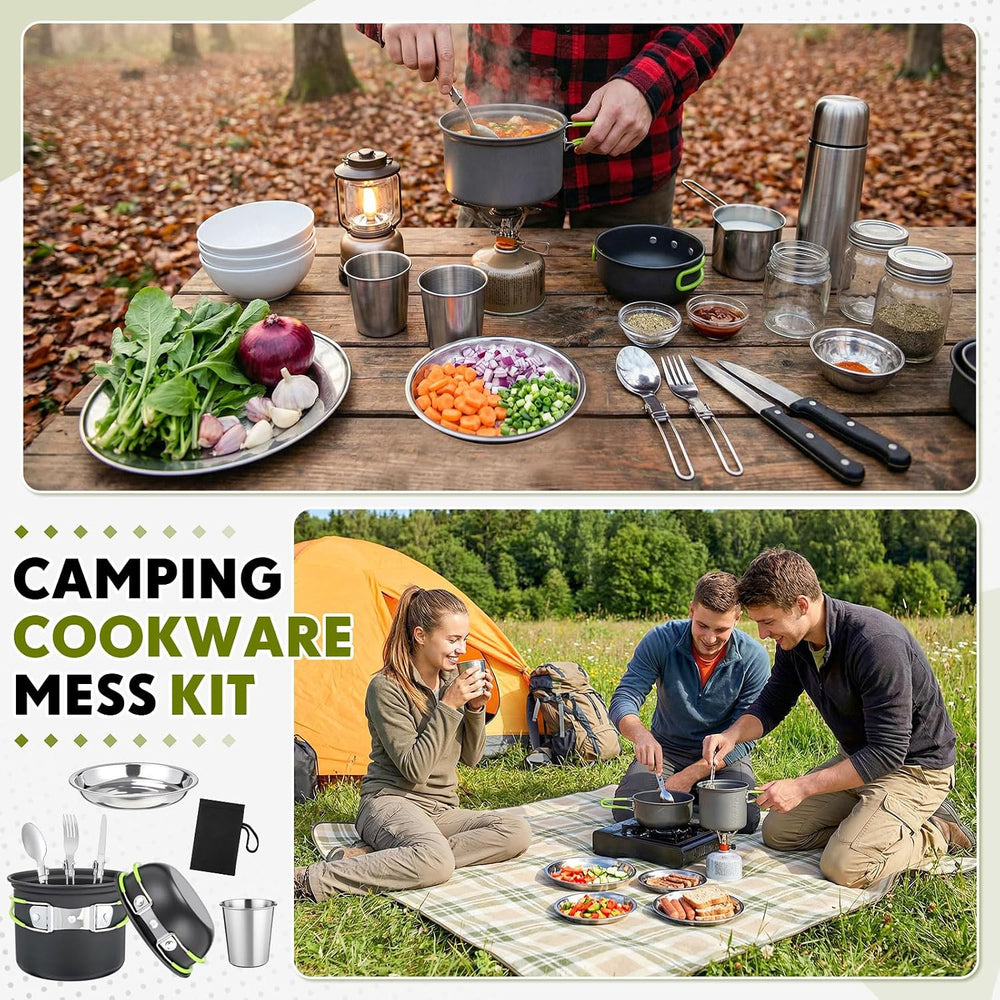 18-Pcs Camping Cookware Mess Kit for 2, Non-Stick Lightweight Pot Pan Set wit...