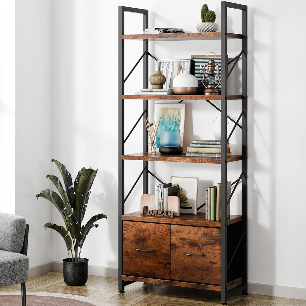 Shintenchi 5 Tier Bookshelf with Drawers, Display Standing Shelf Units, Wood ...