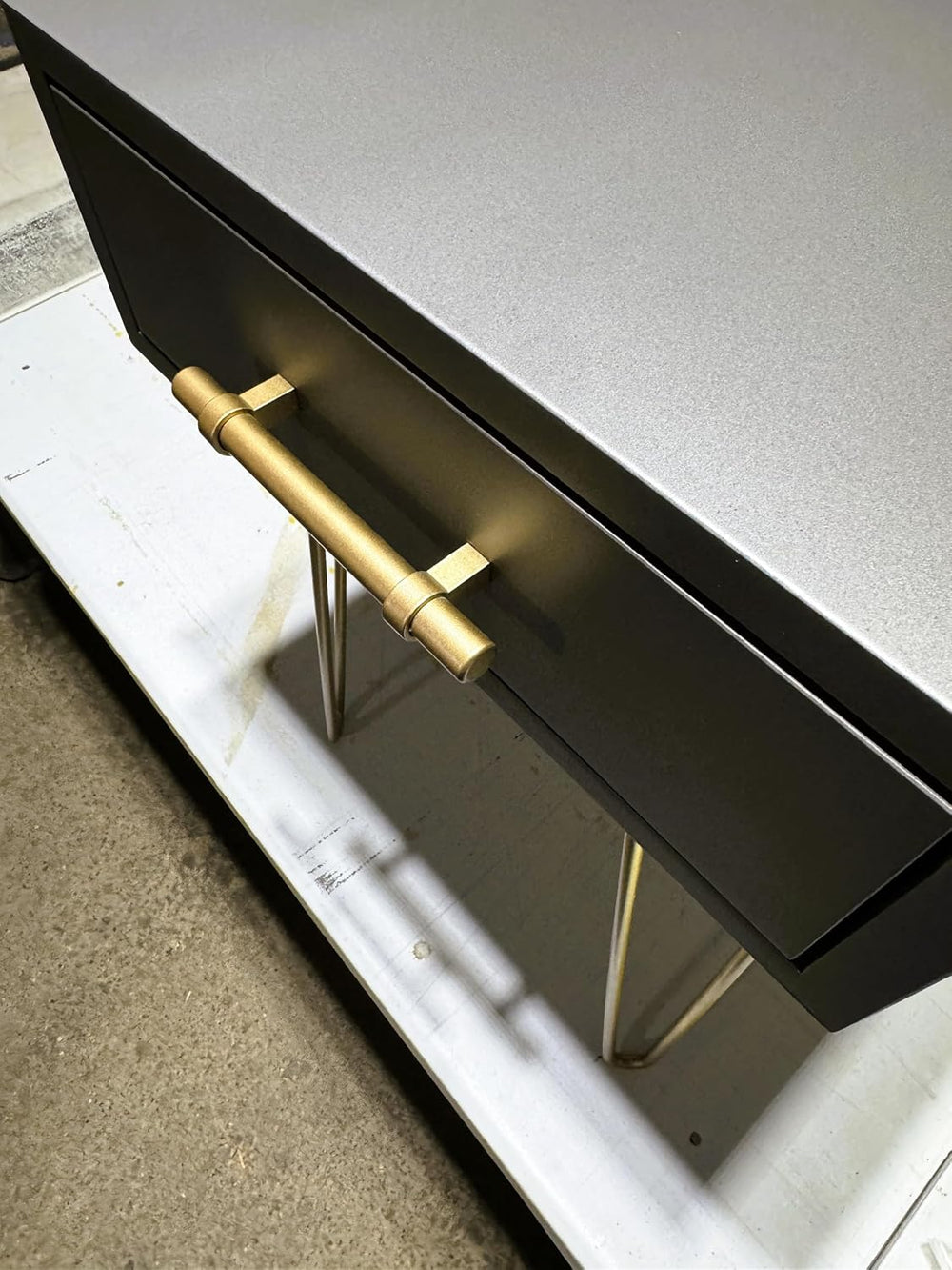 Modern Side Table/Nightstand with Drawer in Gunmetal, with Brass Finish Pull ...