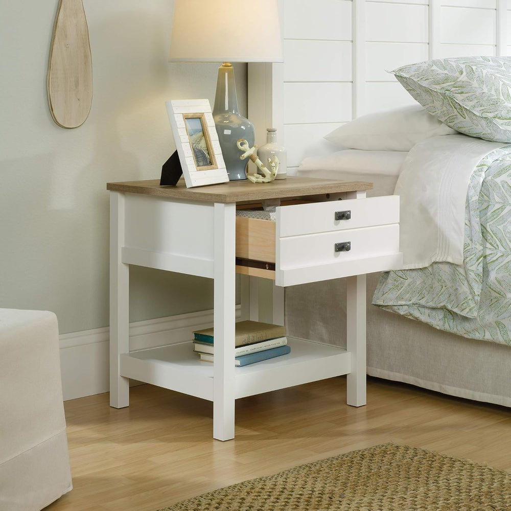 Sauder Cottage Road Nightstand, Farmhouse Style, Soft White with Oak Top