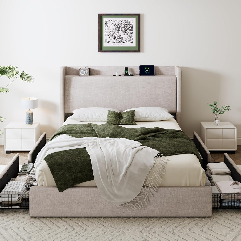 SHA CERLIN Queen Size Storage Bed Frame with 4 Oversized Drawers, Modern Wing...