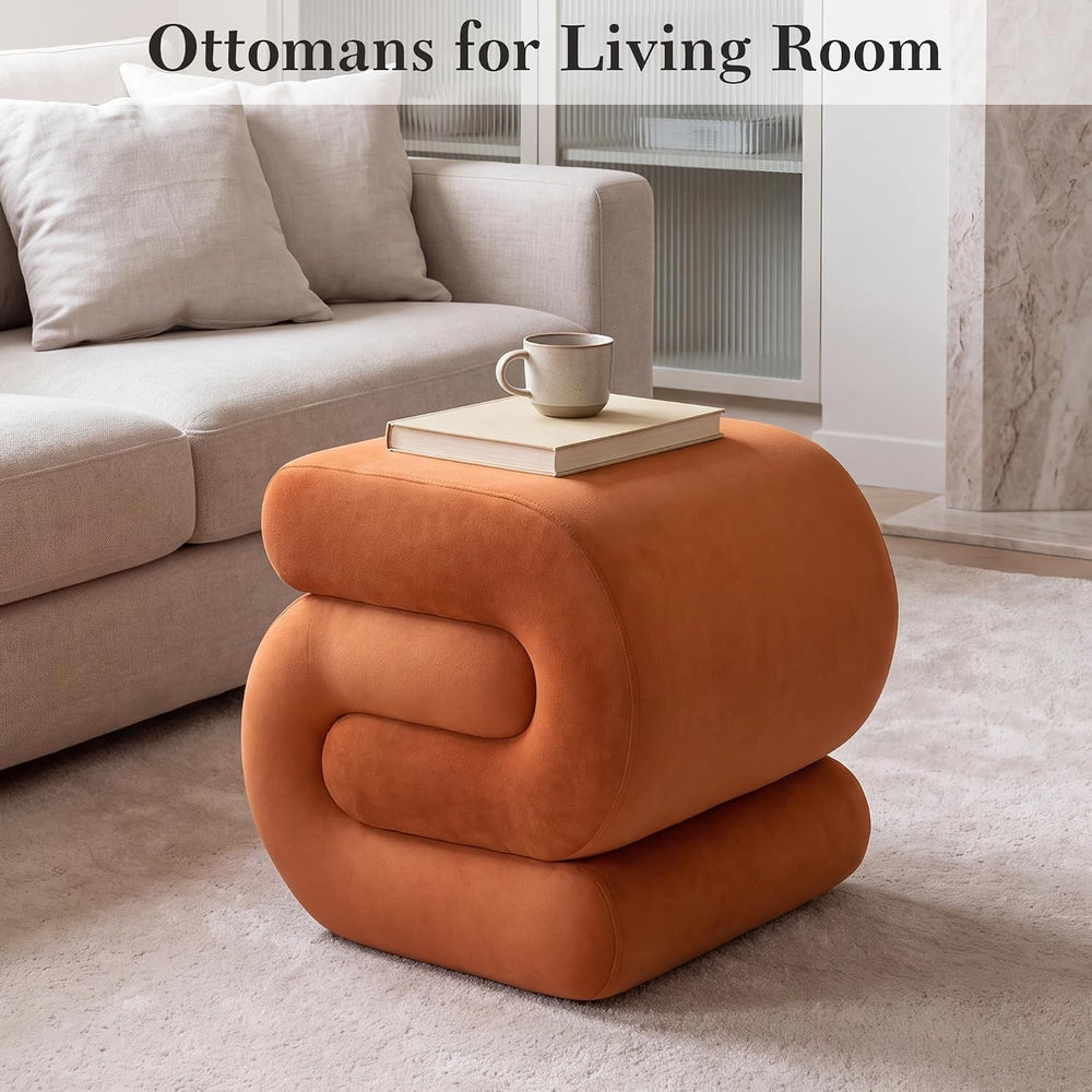 FOXHUNTER S Shape Modern Pouf Ottoman Vanity Stool, Velvet Orange | Footstool...