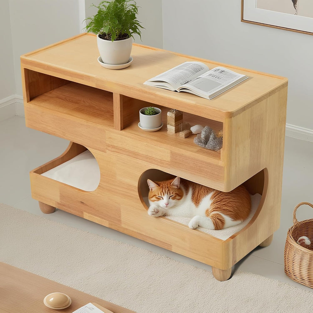 Brelice Sofa Armrest Side Table with Hidden Cat Bed and Storage, Chenille Cou...