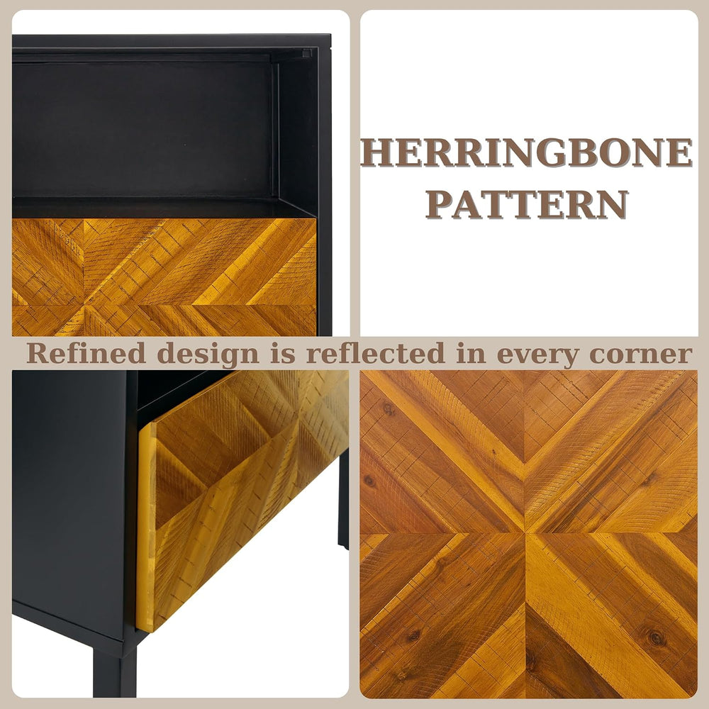 Bme Vivian Solid Wood Nightstand, End Table, Bedside Table with Herringbone P...