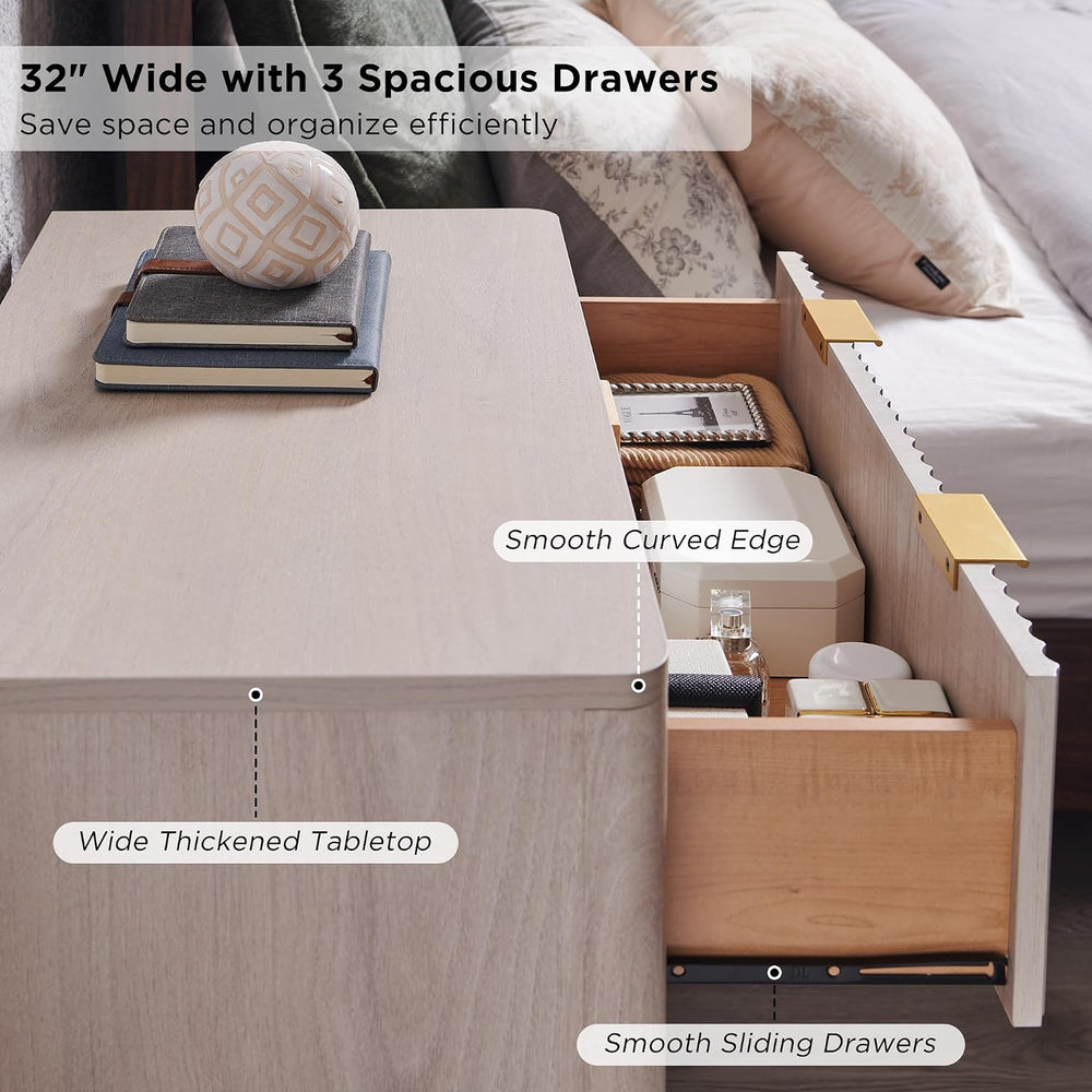 T4TREAM 32" Large Fluted Nightstand with 3 Drawers, White Alder | Oversi...