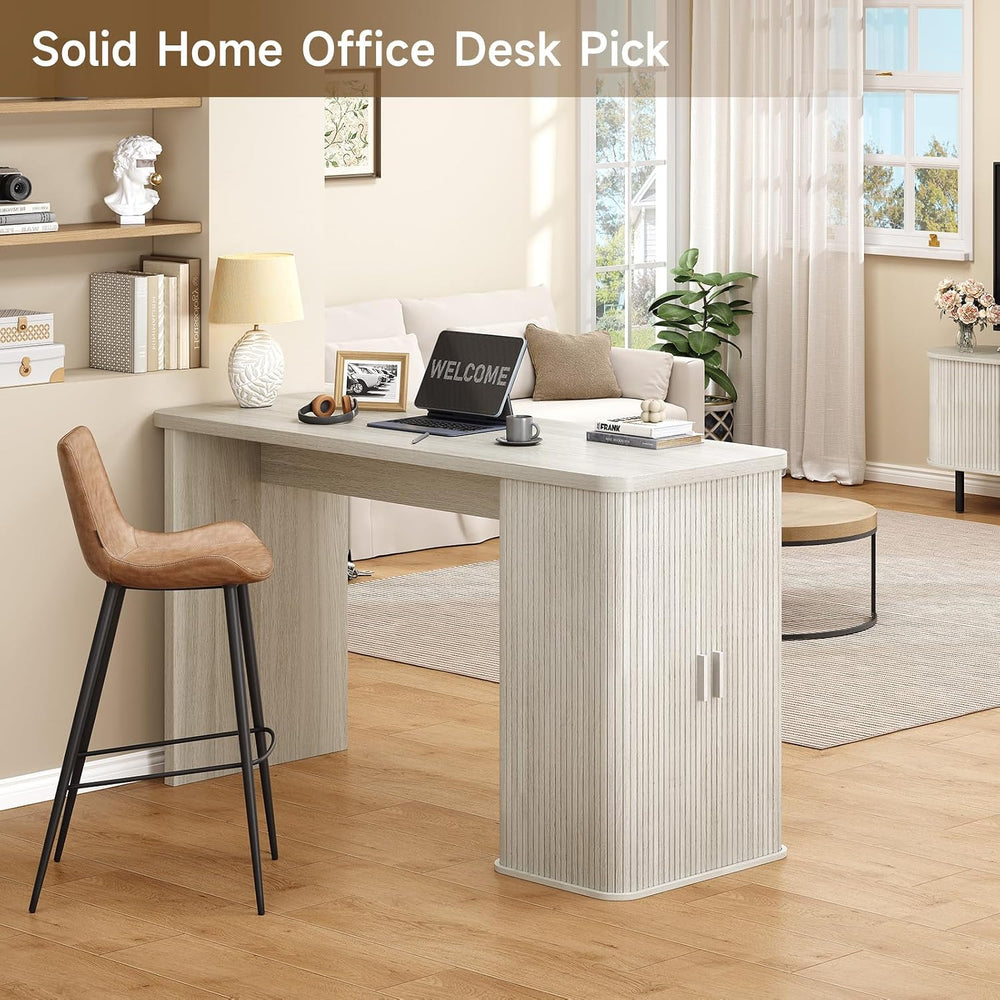 59 Inch Fluted Kitchen Island with Storage White