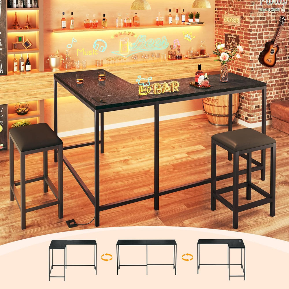 HUAHUU Bar Table and Chairs Set for 2-4, 63'' Convertible L-Shaped Ki...