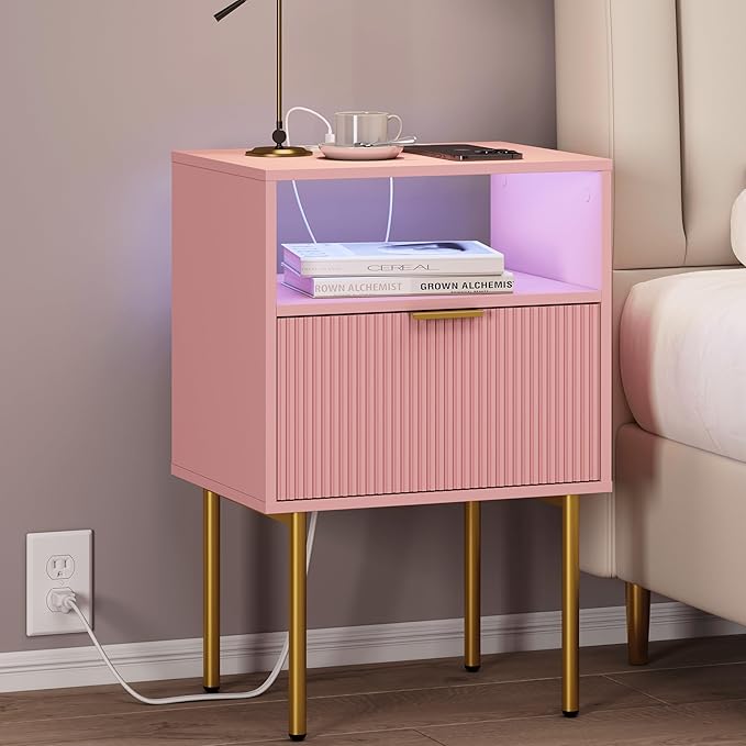 Modern Nightstand with Charging Station and LED Lights, White Bedside Table w...