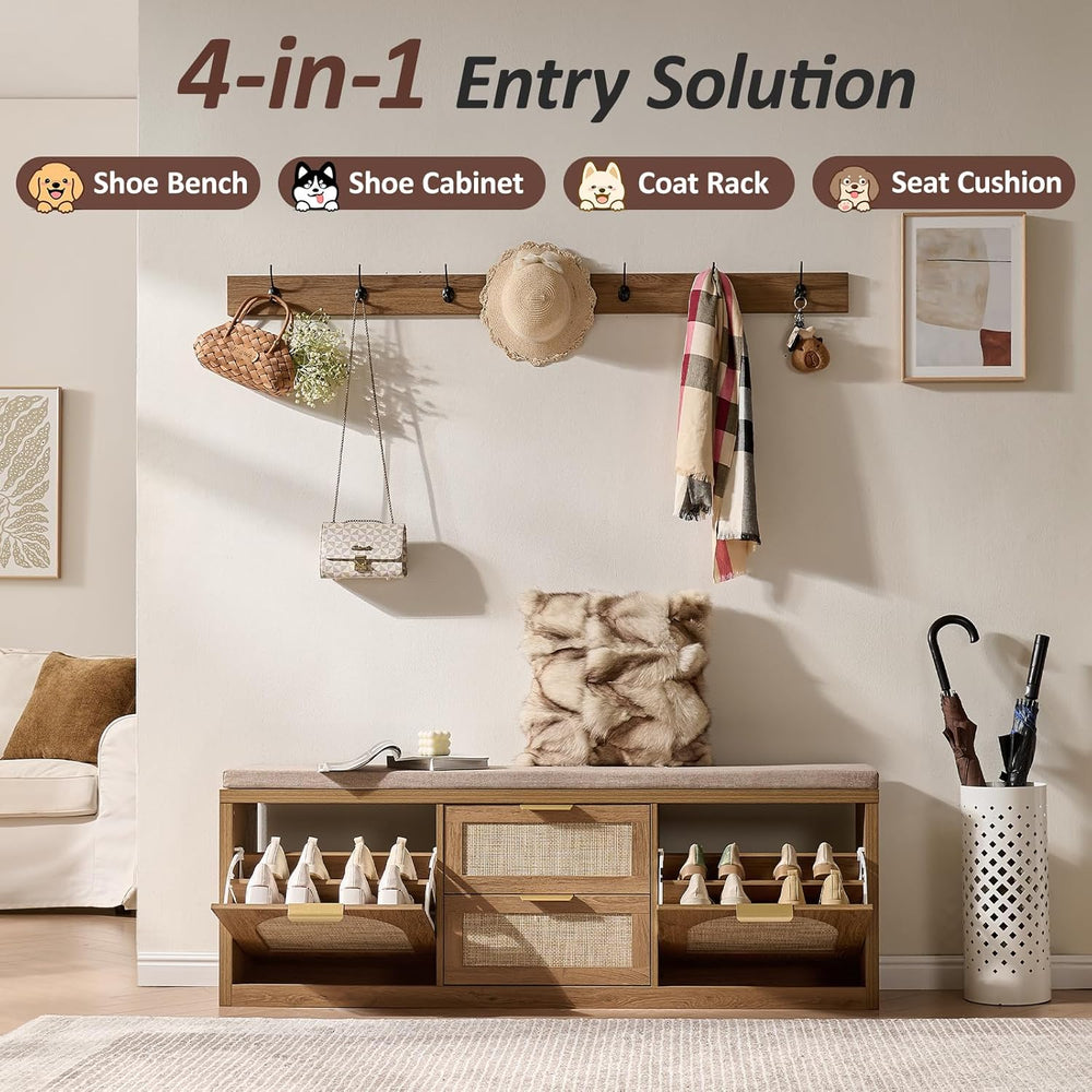 Rattan Narrow Entryway Bench with Shoe Storage, 4 Drawers & Coat Rack, Mi...