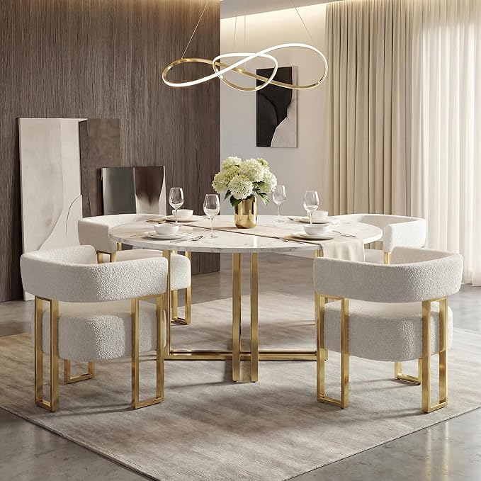 STHOUYN Modern White Boucle Dining Chairs Set of 4 with Gold Metal Legs, Mid ...