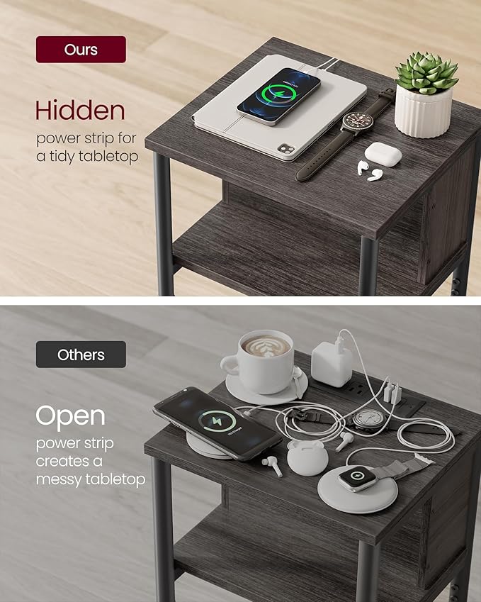 VASAGLE Side Table with Charging Station, 3-Tier End Table with USB Ports and...