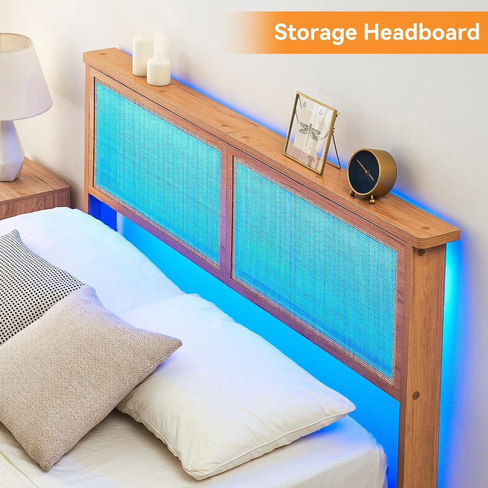IDEALHOUSE Queen Size Rattan LED Platform Bed, Natural