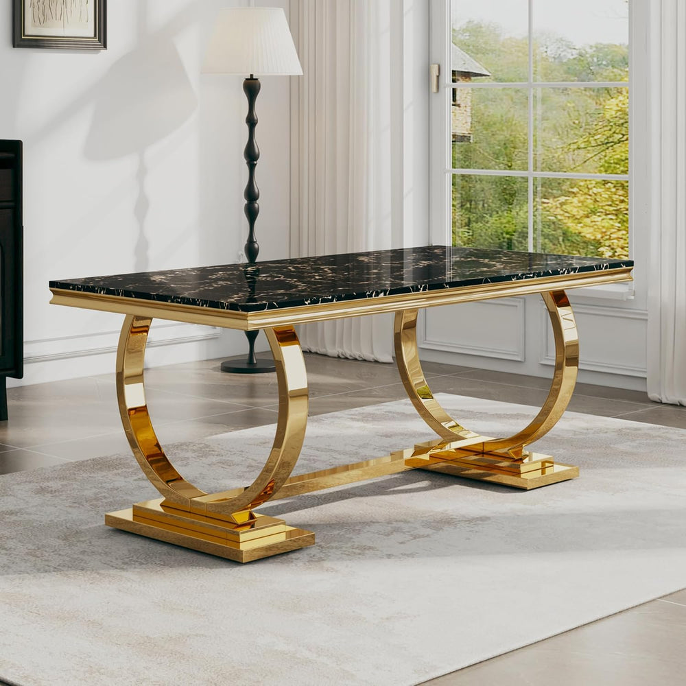 70" Marble Dining Table with Black Faux Marble Top and Gold O-Shape Stai...