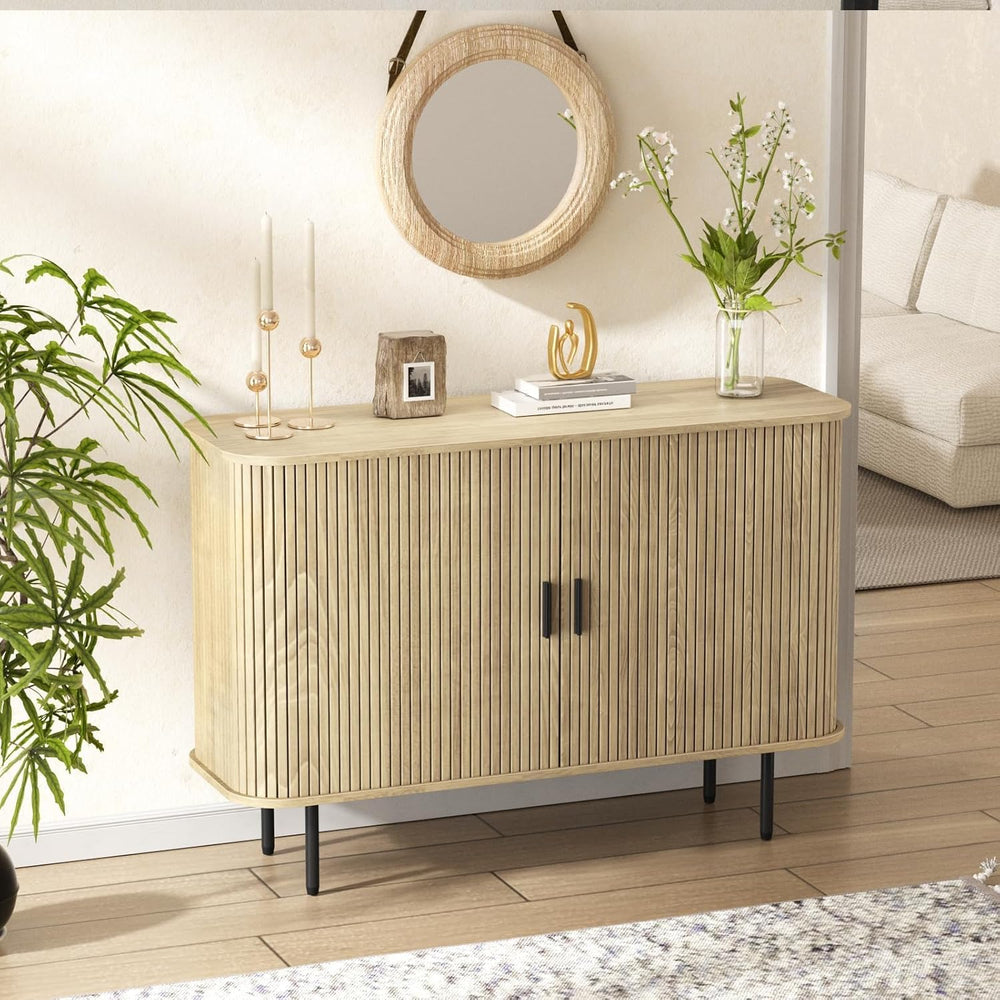 Fluted Sideboard Buffet Cabinet, Sliding Door/Adjustable Shelf, Natural