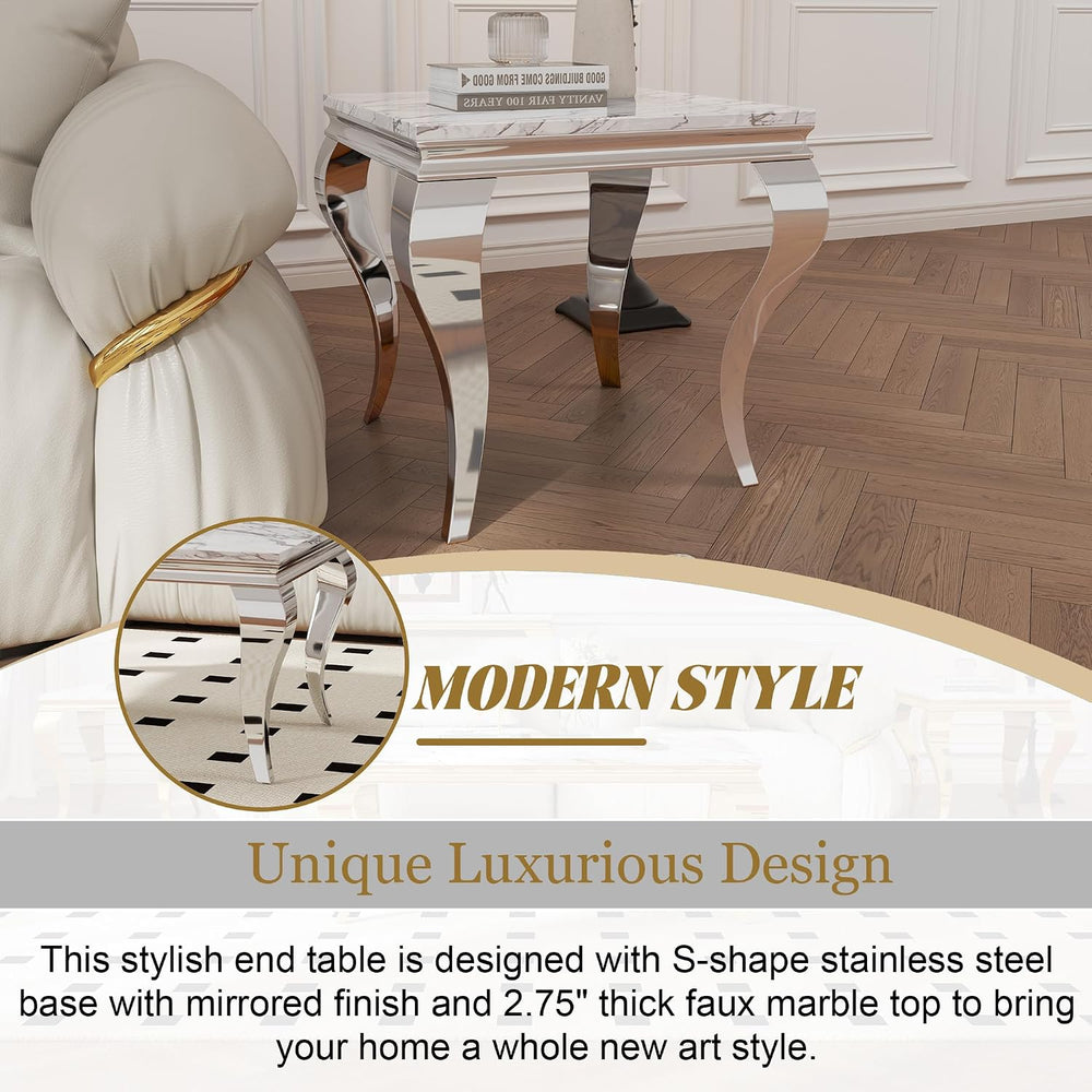 Square Faux Marble End Table, Modern Elegant Side Table with Stainless Steel ...