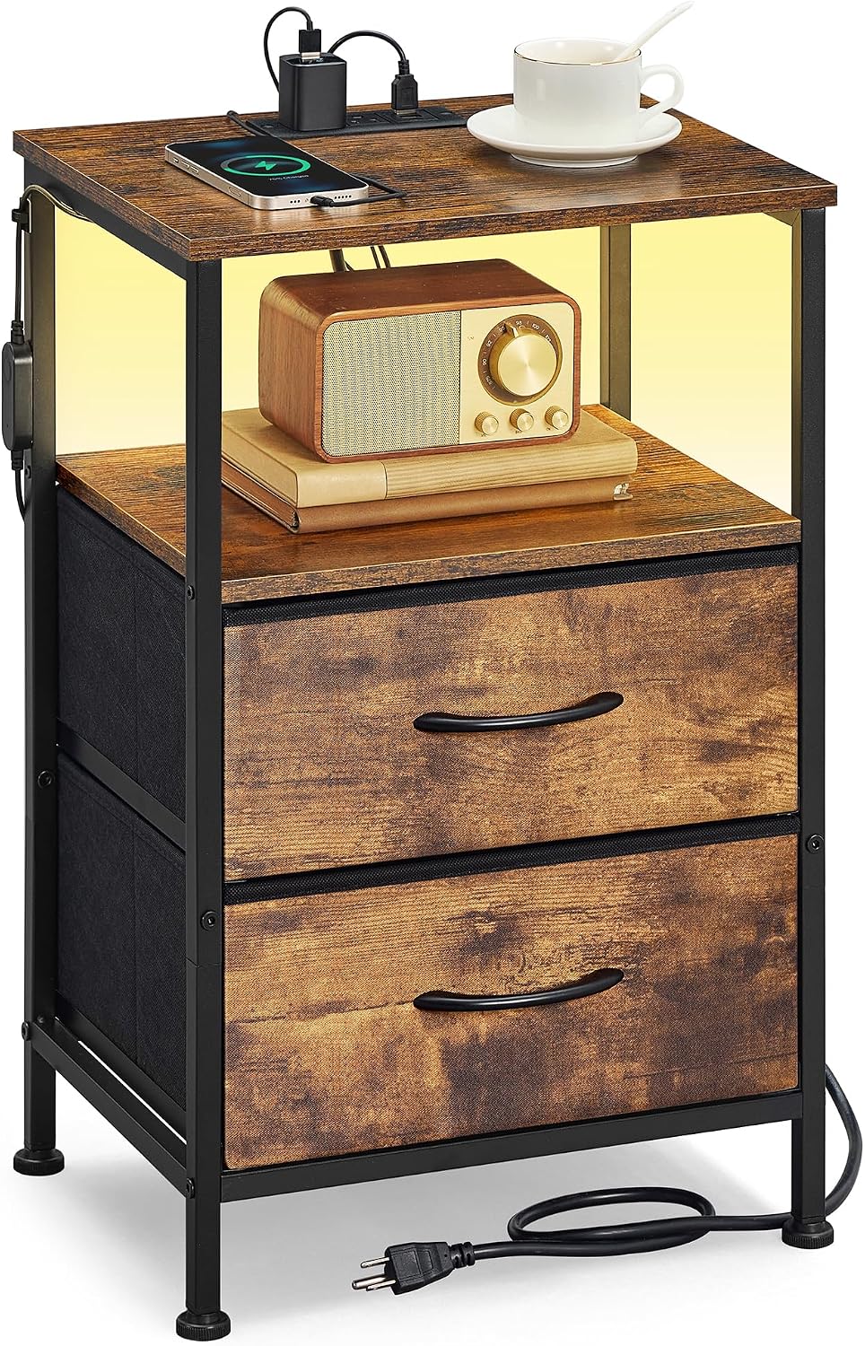 SONGMICS LED Nightstand with Charging Station, 2 Fabric Drawers, Brown