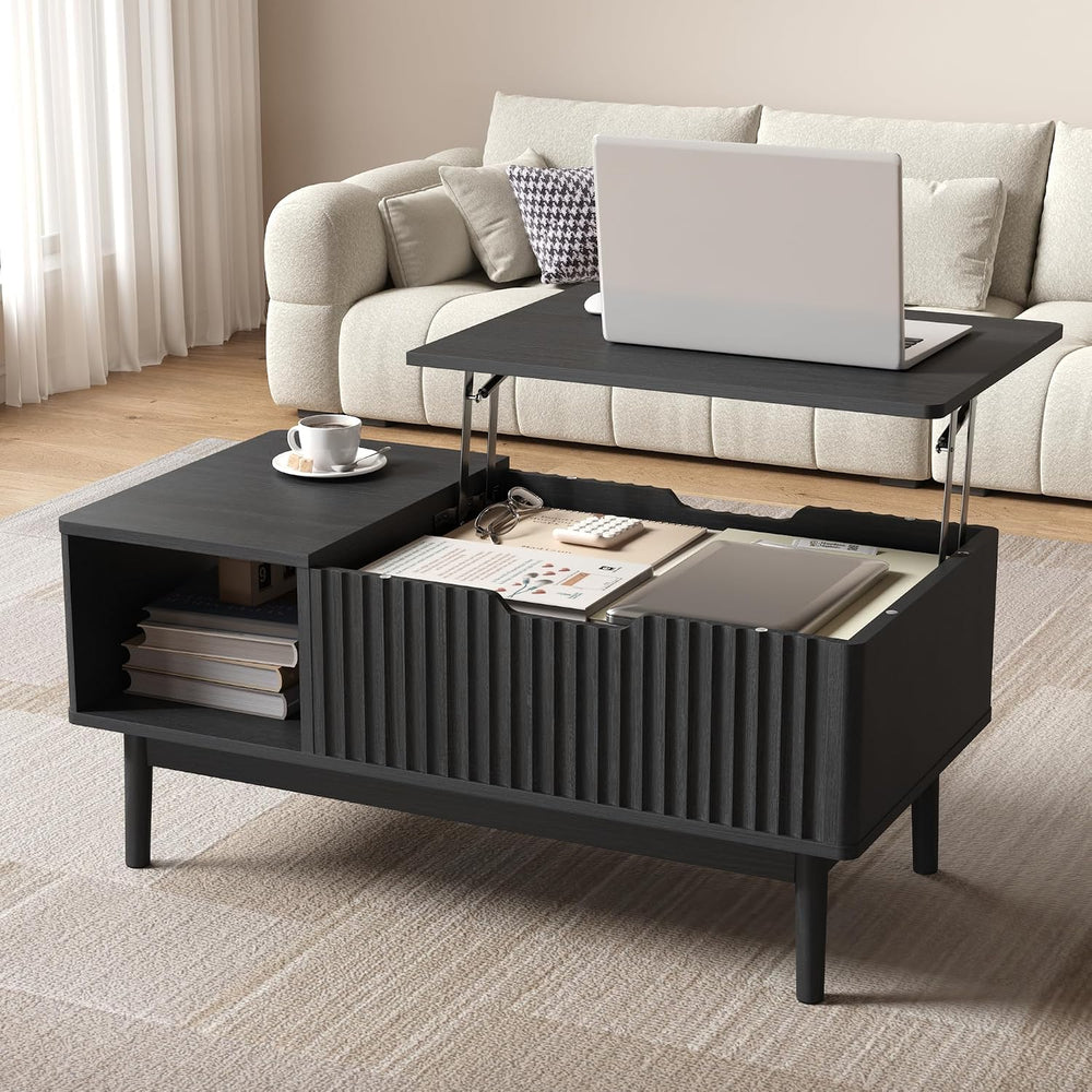 Fluted Lift Top Coffee Table with Storage, 37 Inch, Black