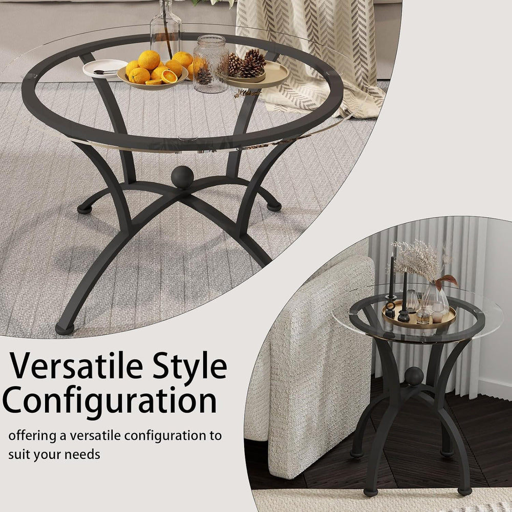 3 Piece Round Glass Coffee Table Set, Black Metal Steel Frame Center Table an...