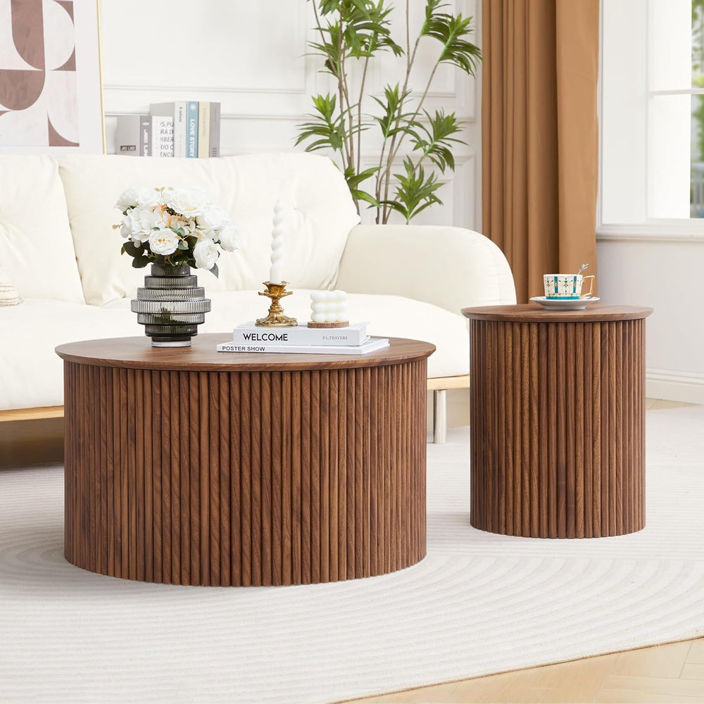 Fluted Round Nesting Coffee Table Set of 2 Circle Center Table Living Room | ...