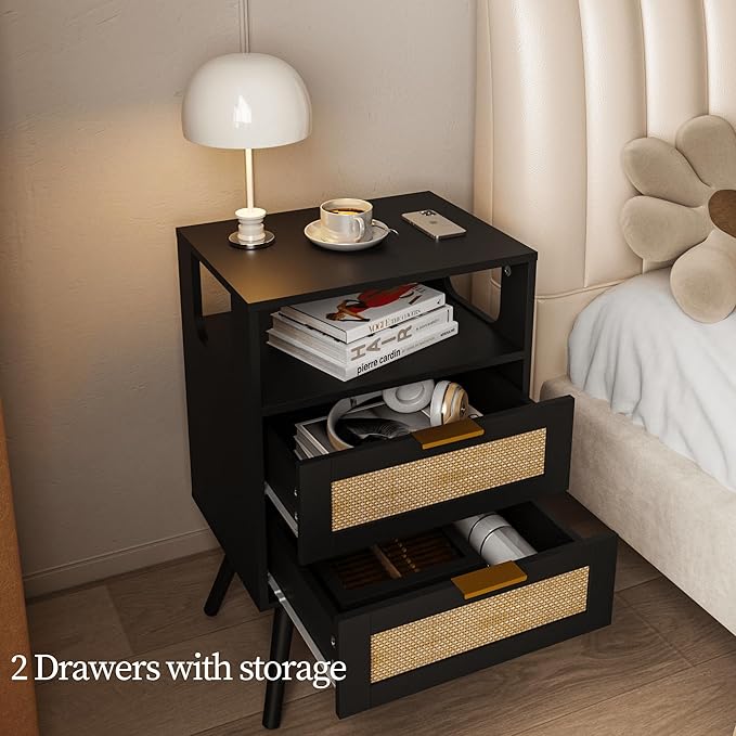 Rattan Nightstand,Farmhouse Bedside Table with 2 Storage Drawer and Open Wood...