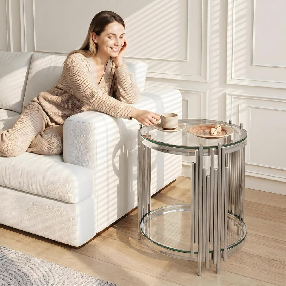 19.7" Luxury Round Silver End Table with 2-Tier Clear Tempered Glass She...