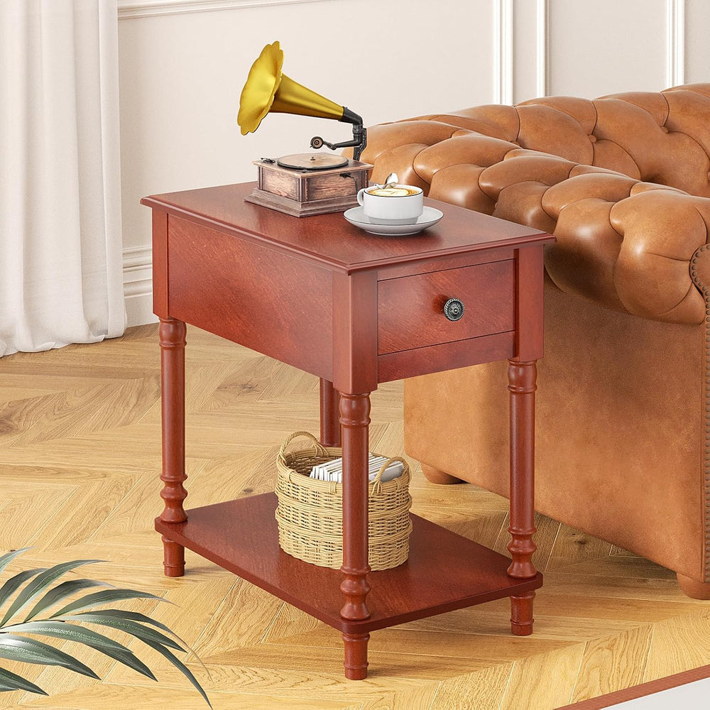 ROOMTEC Solid Wood End Table with Drawer and Shelf, Narrow Side Table Living ...