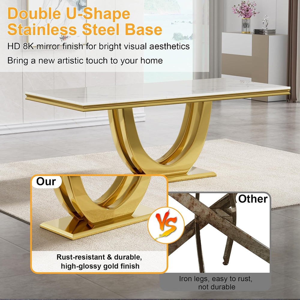 70" White Marble Dining Table, Luxury Kitchen Table for 6 8, Large Recta...