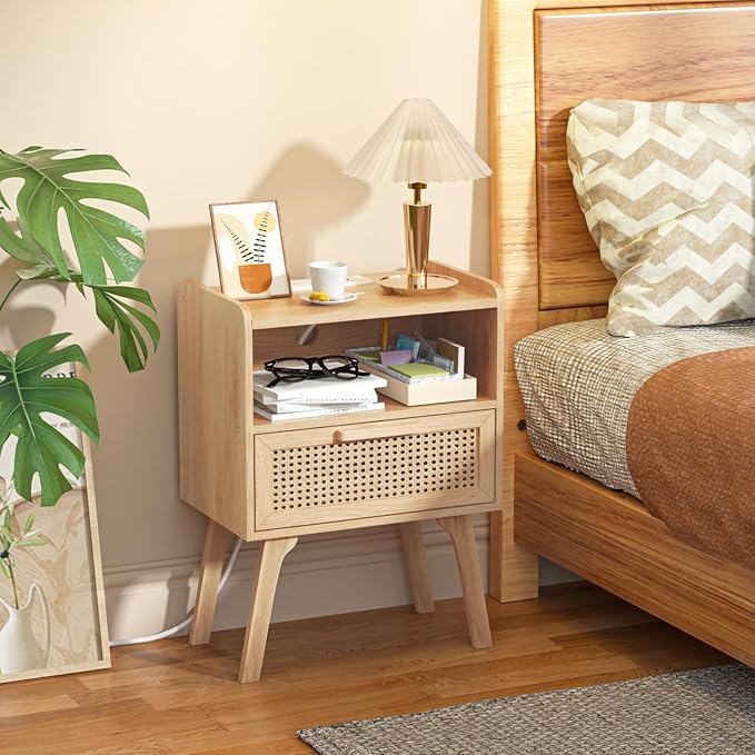 Lerliuo Rattan Nightstand with Charging Station, Boho Night Stand with Handma...