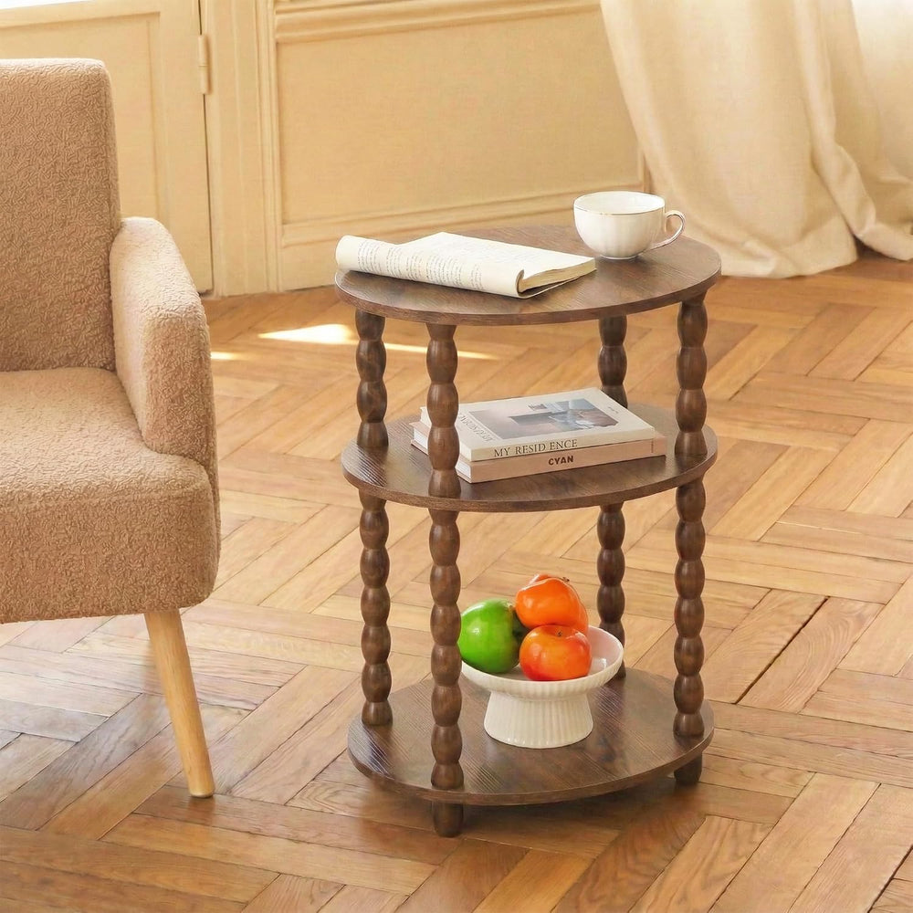 3-Tier Oval Side Table with Solid Wood Legs, Small End Table with Storage She...